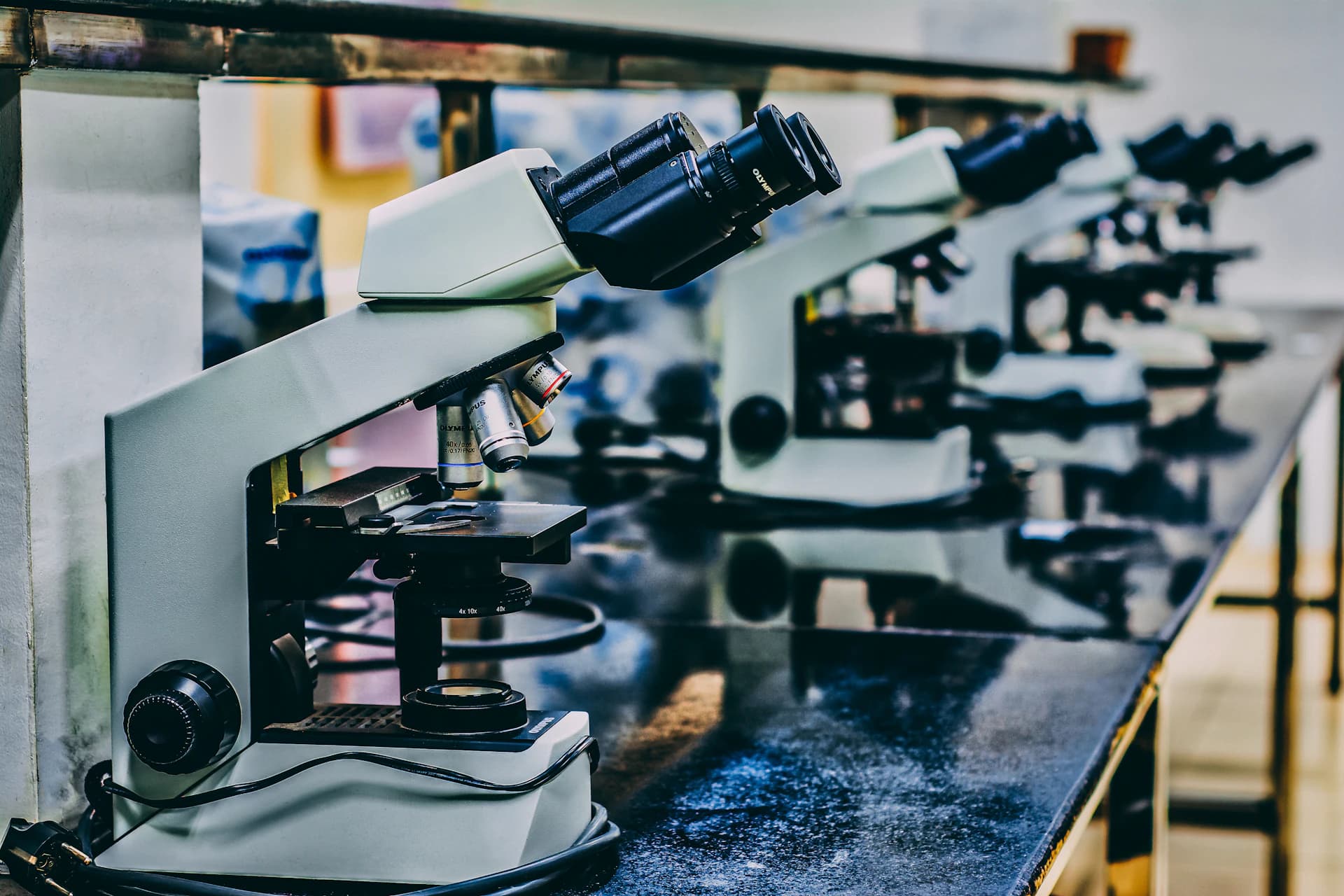 A microscope on a laboratory bench.